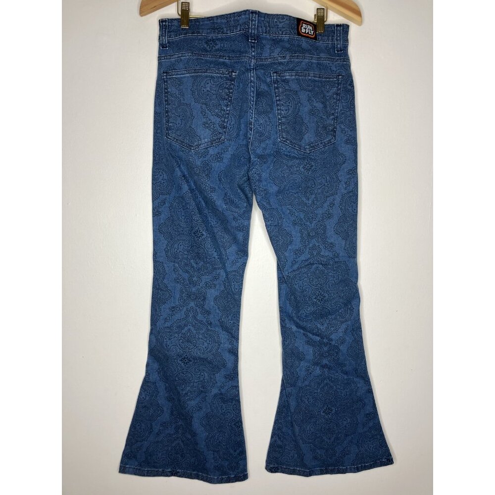 Run & Fly Blue Paisley Print Flare Jeans Women's Size 32 R Retro Boho - Picture 5 of 9